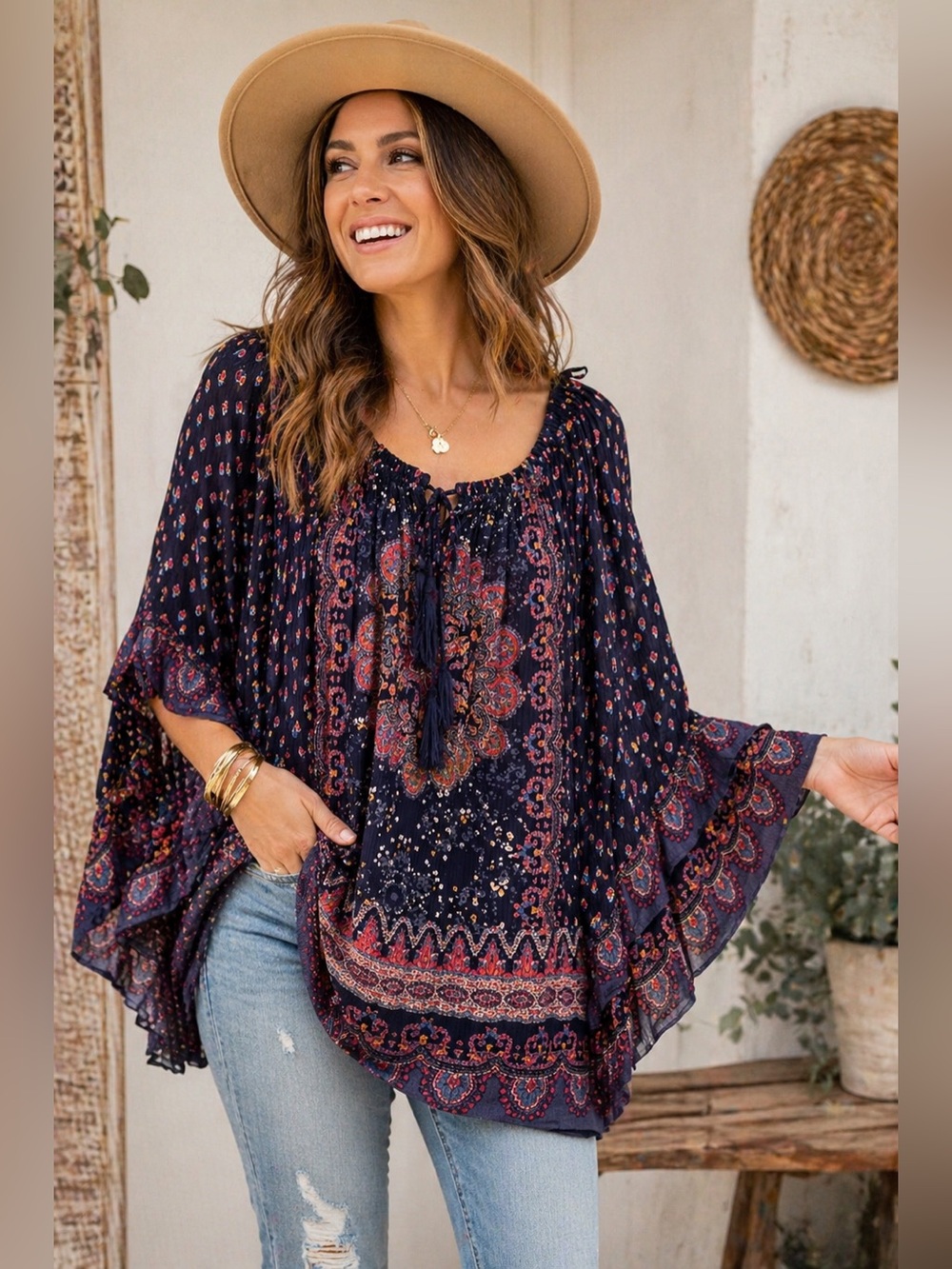 Bila Boho Peasant Top Navy Paisley Bell Sleeve Tassel Blouse Flowy - Size XL - Picture 8 of 8
